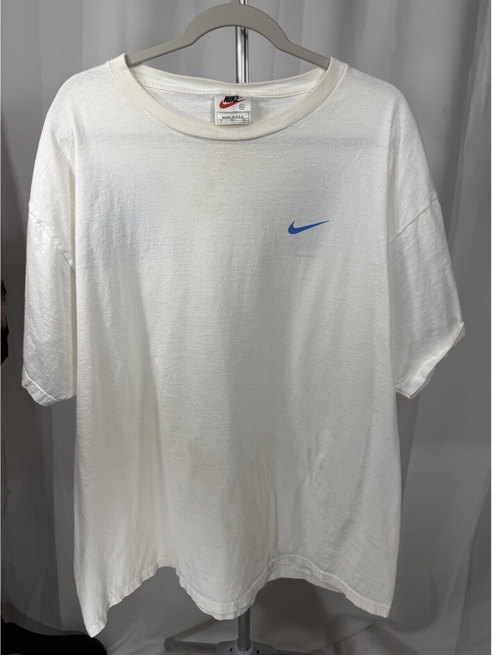 Vintage 90s Nike Made in USA Tee XL Spell Out Wrap Around Sleeve Swoosh White